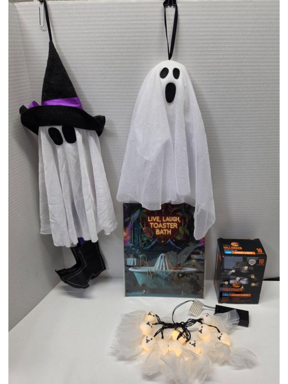 Halloween Ghost Decor Lot Hanging Witch LED Lights Toaster Bath Sign 4 Pc